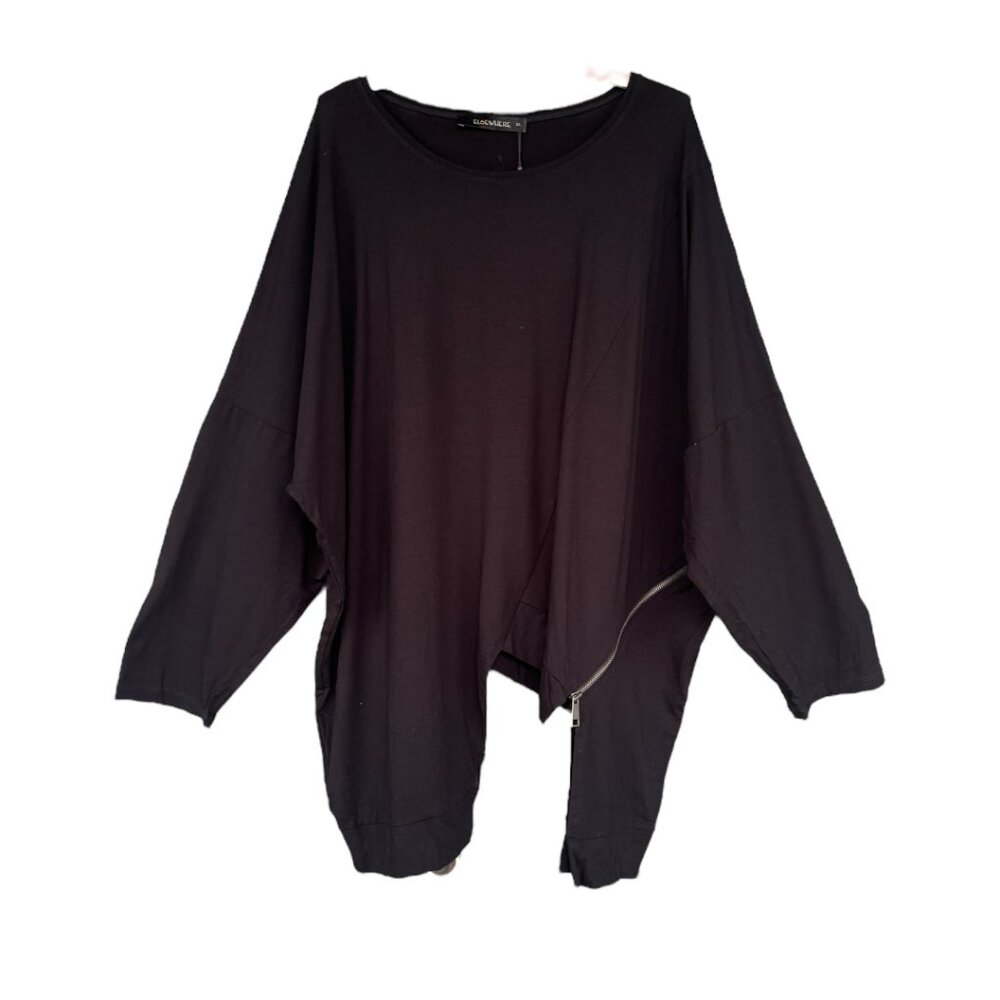 Lagenlook Black Asymmetrical Tunic Top with Side Zip